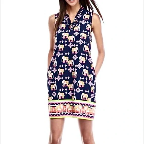 Crown& Ivy Elephant Print Sleeveless Shift Dress Navy Size 6 - Picture 1 of 10